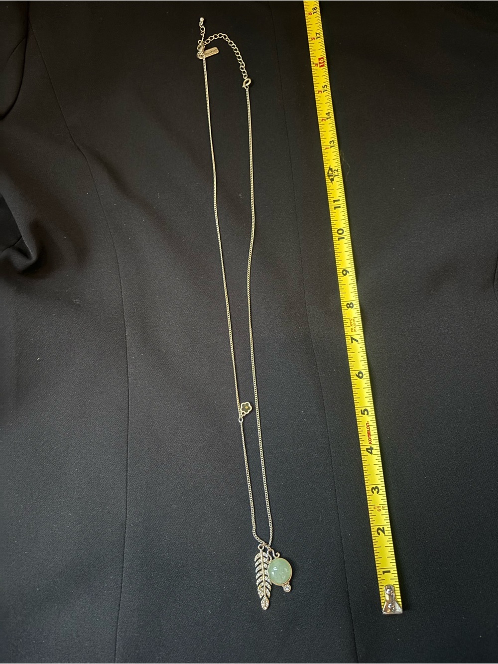Gold-Tone Necklace with Green Jade Disk and Crystal Feather Charm - Picture 4 of 4